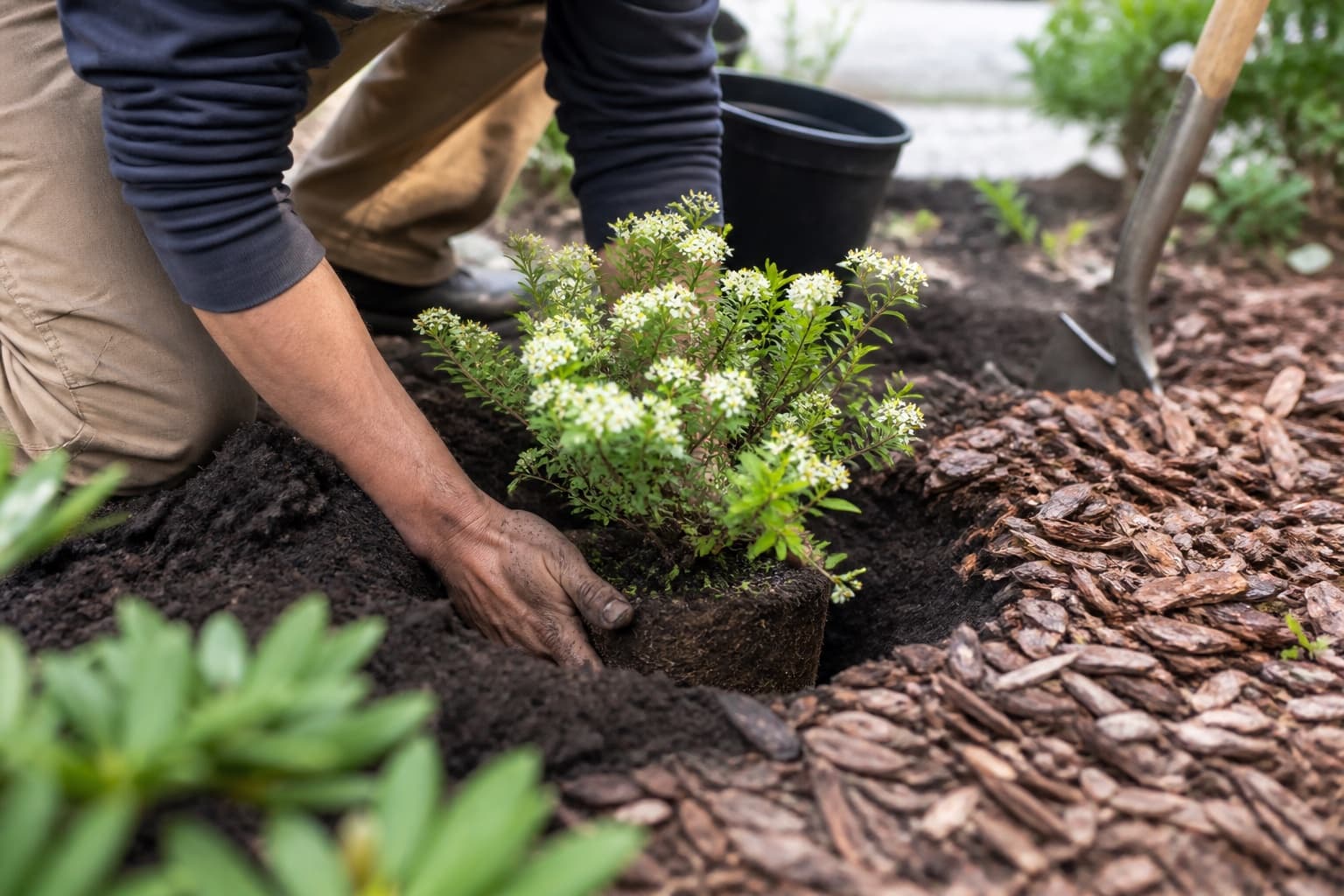 Close-up of a landscaper planting shrubs in a prepared garden bed