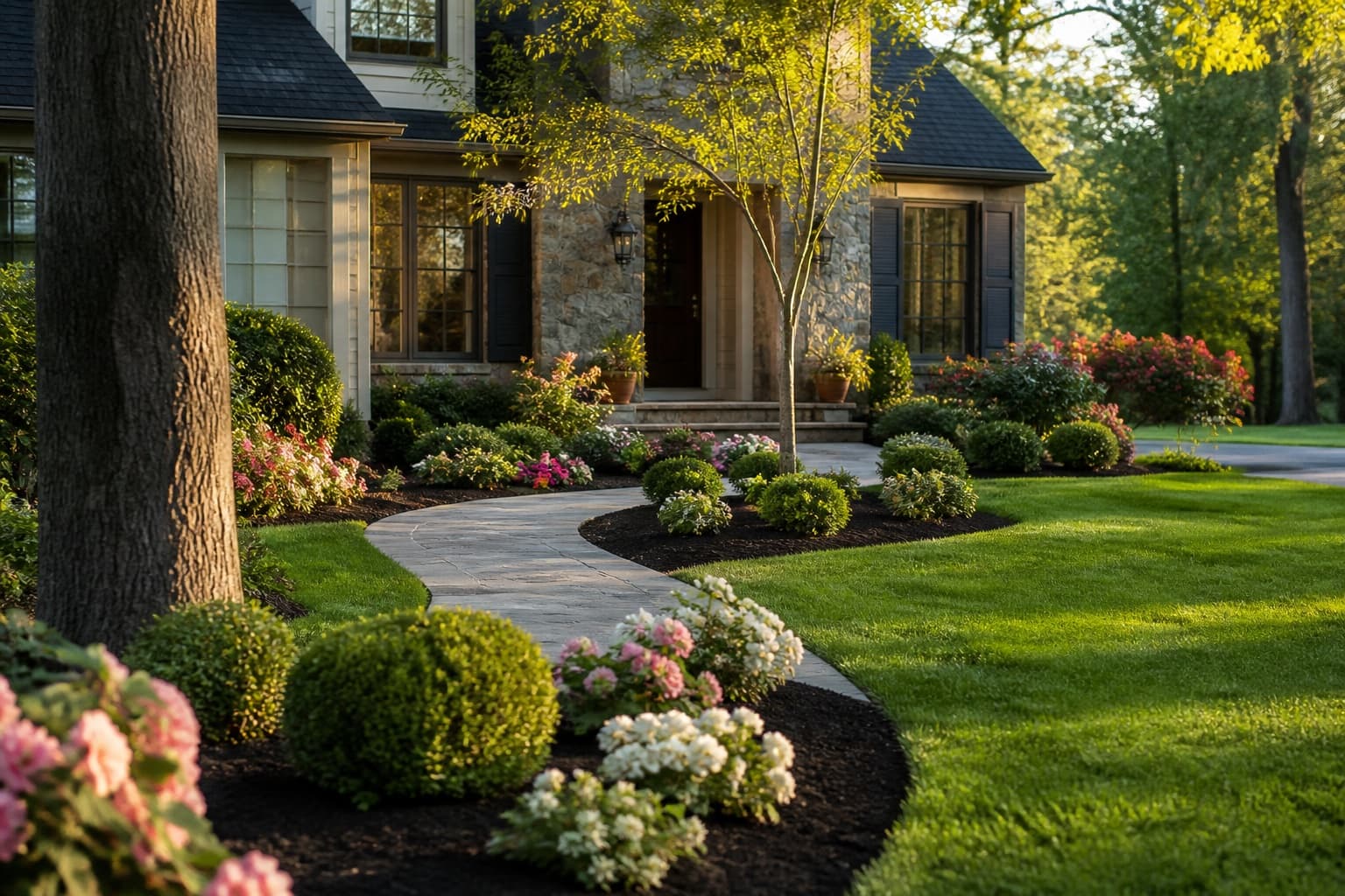Professionally landscaped Delaware home with new plantings, trees, and a walkway