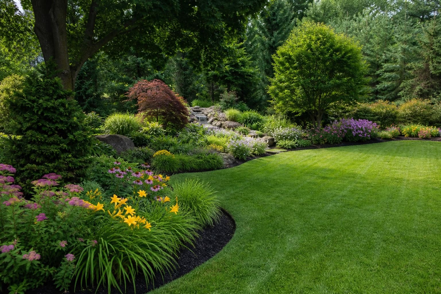 Professionally landscaped garden bed with trees, shrubs, and seasonal flowers